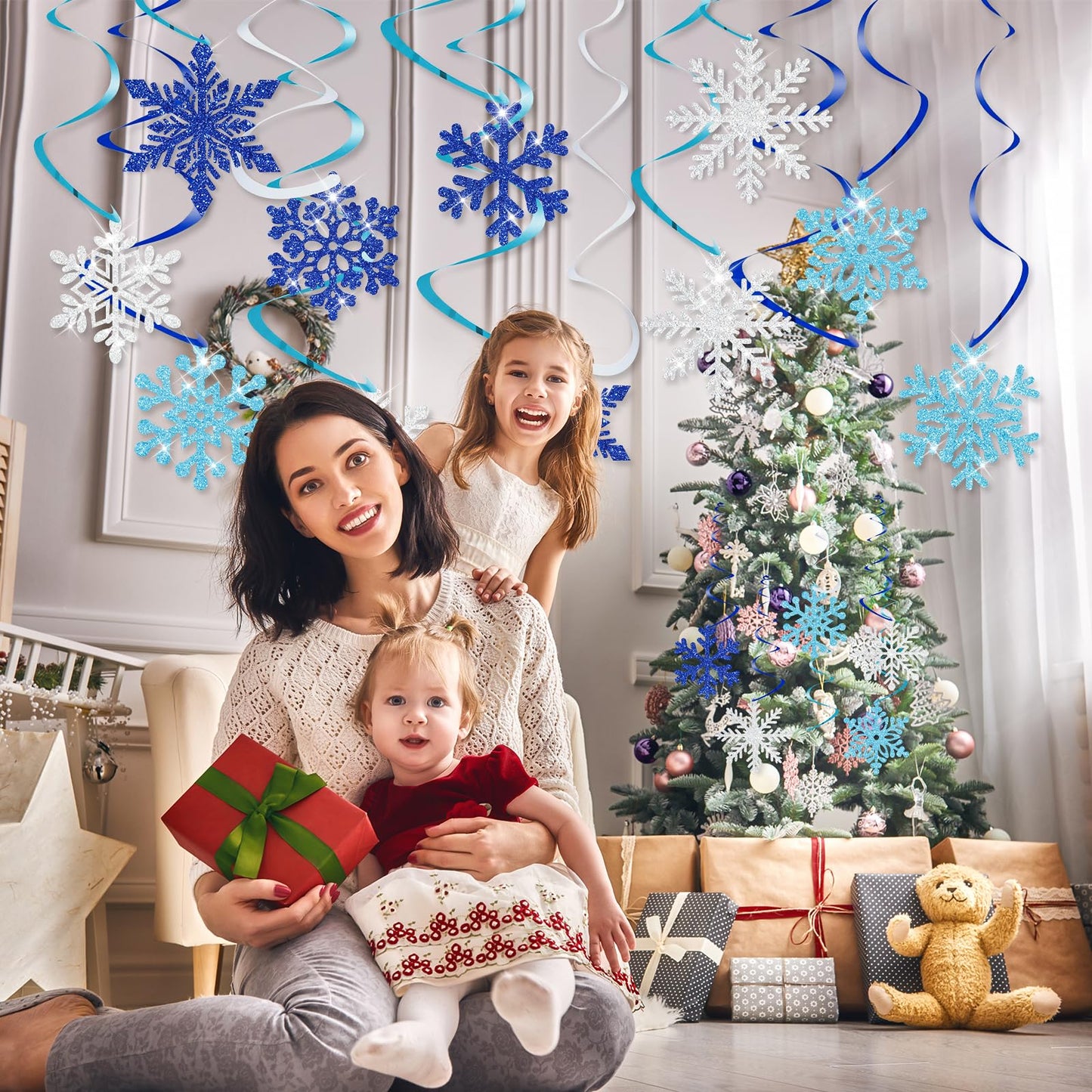 30Pcs Winter Glitter Snowflake Hanging Swirl Decorations Winter Wonderland Decorations Christmas Snowflake Hanging Swirls Ceiling Streamers Baby Shower Hanging Decor Birthday Wedding Party Supplies