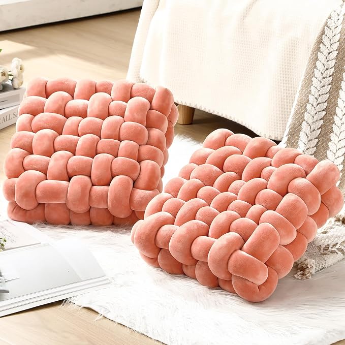 Wenqik 2 Pcs Knot Pillows Square Knotted Plush Throws Soft Accent Pillows Decoration Cushion for Couch Home Office Living Room Bedroom Bed Sofa Decor, 12'' x 13''(Coral Red,Crystal Velvet)