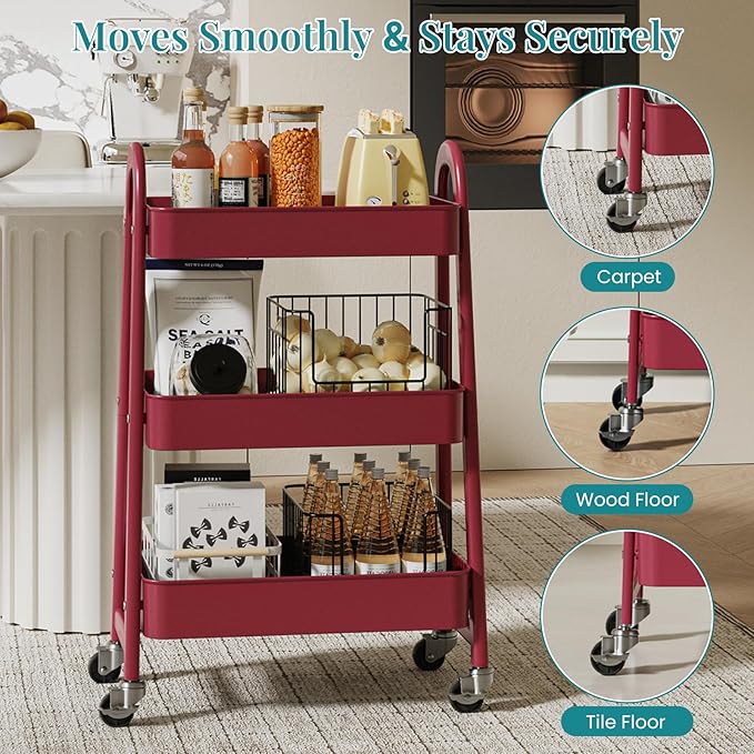 OLIXIS Metal 3 Tiers Utility Rolling Cart, Mobile Storage Shelf with Lockable Caster Wheels, Organization for Livingroom, Bathroom & Narrow Places, Red
