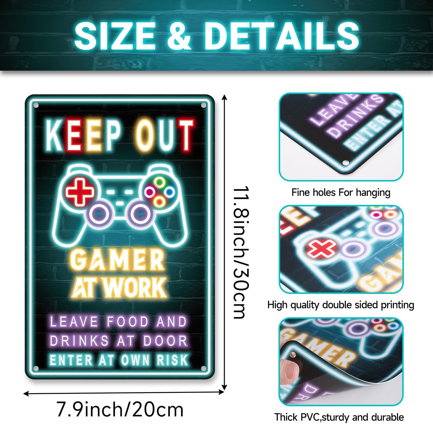Keep Out Gamer at Work Sign - Cool Waterproof and Rust-proof Plastic Neon Gaming Posters Signs For Bedroom Door Wall Decor - Gift For Teen Boys, Boyfriend 12" * 8"