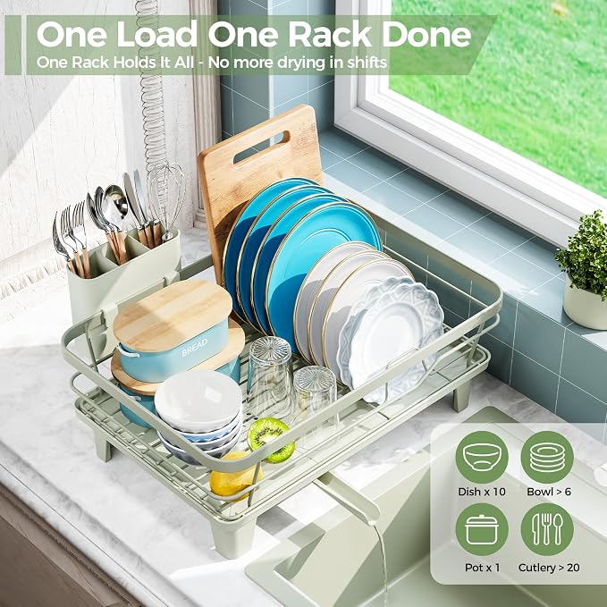 Urackify Dish Drying Rack for Kitchen Counter, Sink Dish Rack with Drainboard, Large Dish Drainer with Cups Holder, Home Countertop Plate Dryer Storage Rack with Cutlery Holder, Soft Celery Green