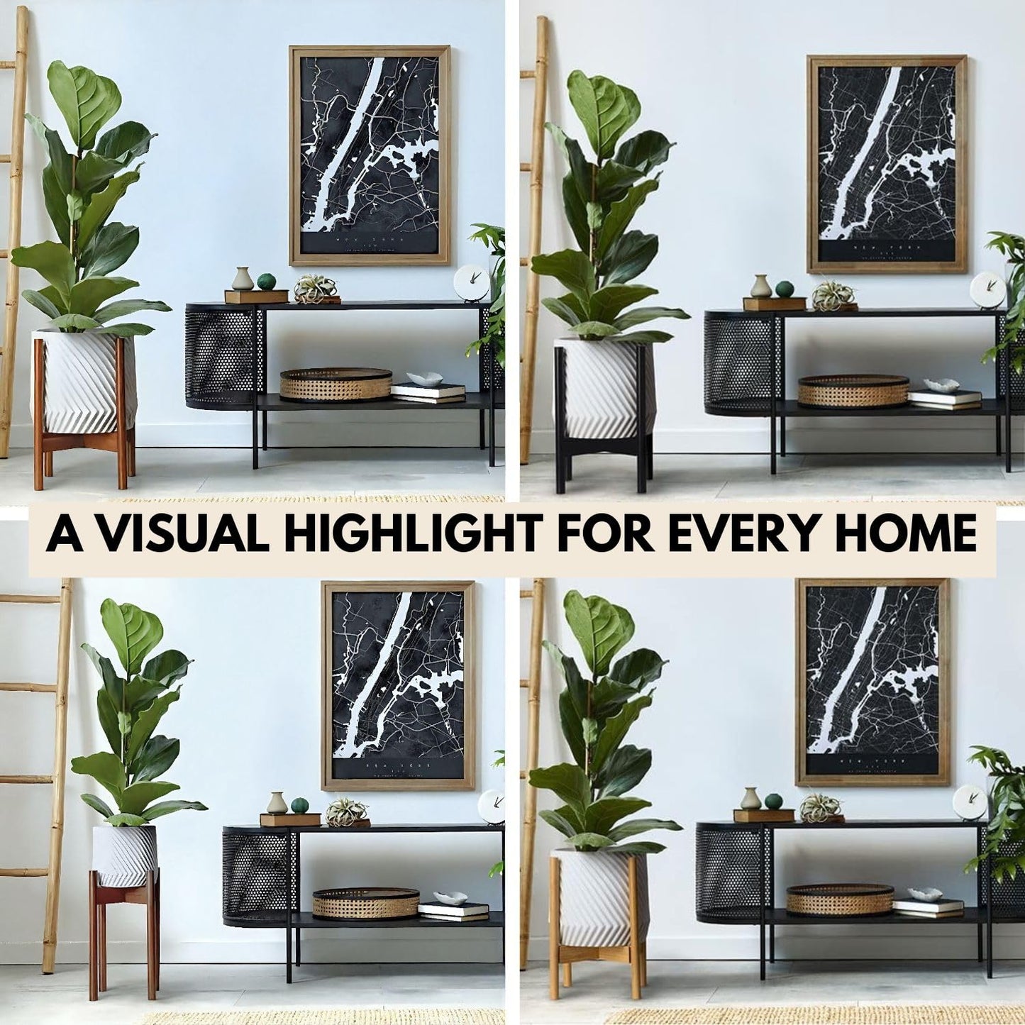 Fox & Fern Large Adjustable Plant Stand Indoor — 11 to 15 Inch Mid Century Bamboo Plant Stand - Plug In Design - Easy to Assemble - Two Heights - For 11, 12, 13, 14 & 15 Inch Pots (Not Included)