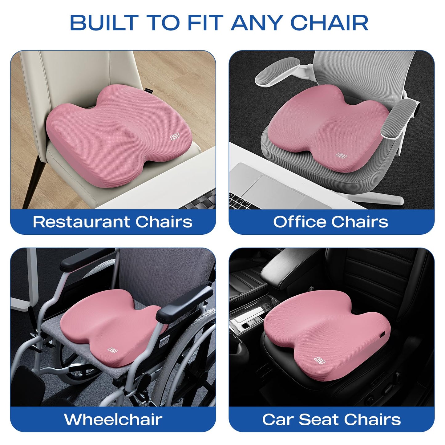 Skechers Seat Cushion, Ergonomic Memory Foam Cushion for Long Sitting Hours on Office & Home Chair, Car Seat Cushion for Sciatica, Coccyx Cushion,Pink