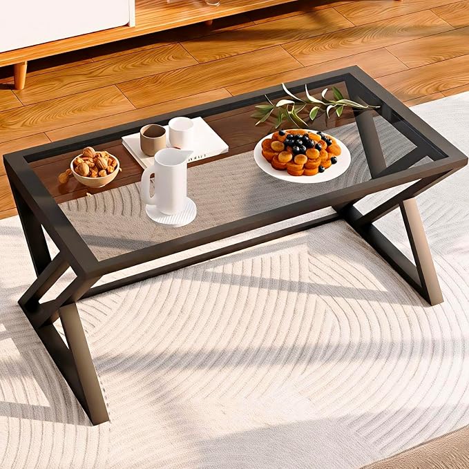 Wolawu Coffee Table Grey Glass Coffee Table for Living Room,Modern Rectangular Center Table with Sturdy Metal Frame,Tempered Glass Tables for Bedroom Home Office