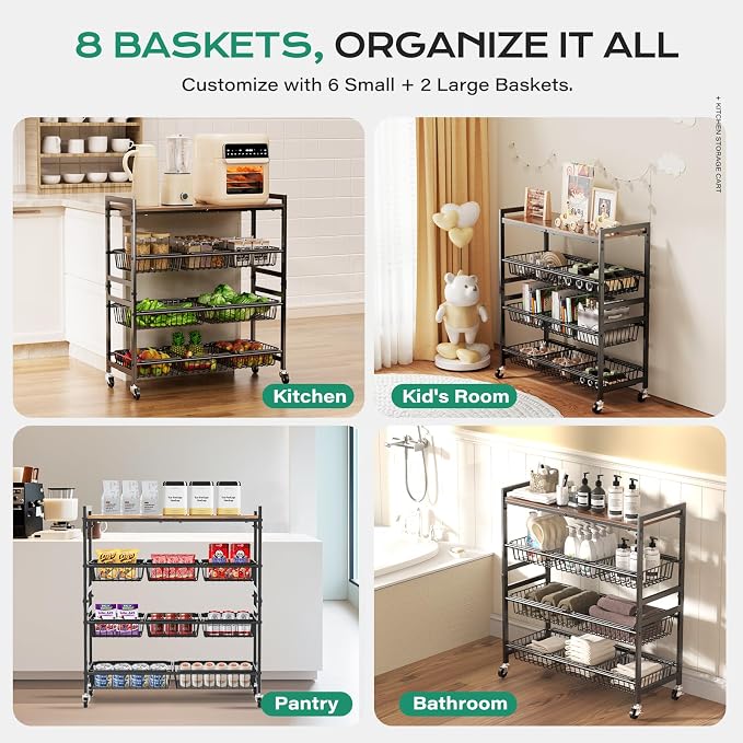 Cinati 4-Tier Utility Kitchen Cart with Wood Top, 29" W Kitchen Storage Cart with 8 Baskets & Handle, Metal Snack Cart with Wheels, Adjustable Pantry Organizer and Storage Cart for Fruit, Vegetables