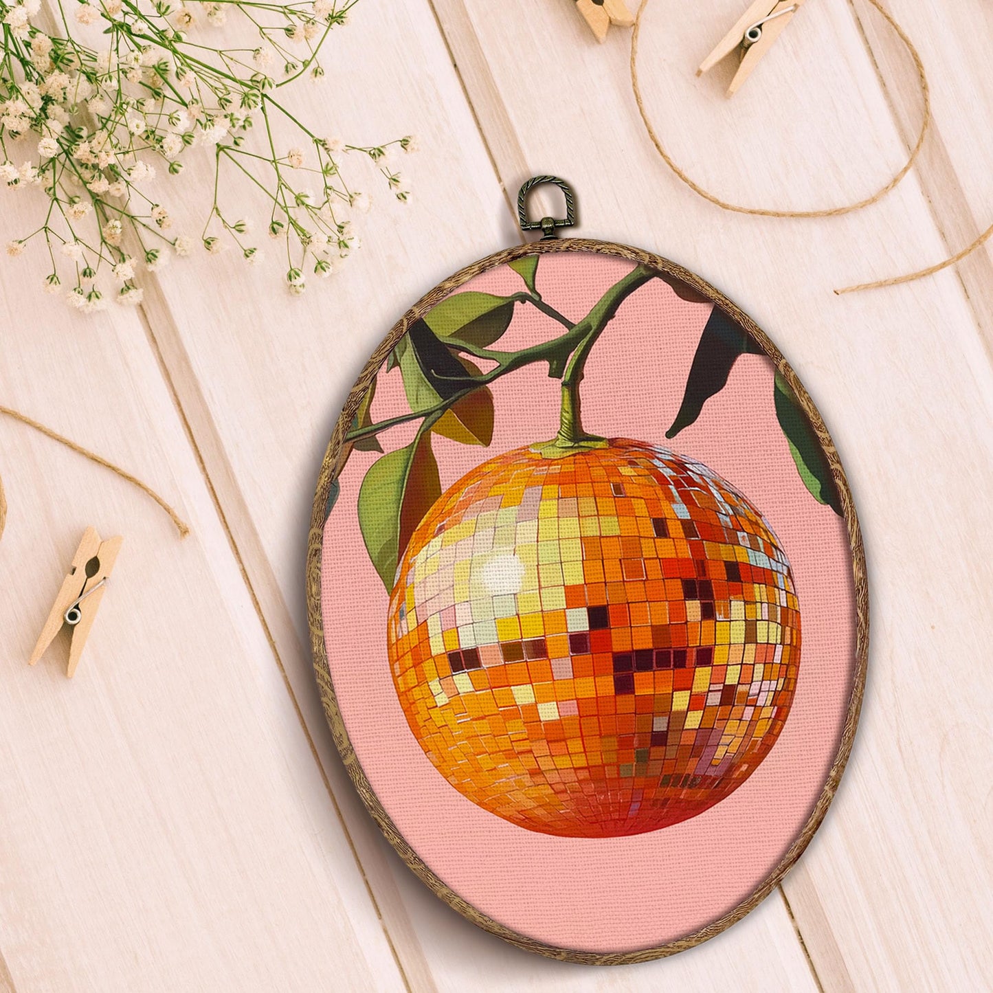 Hxlac Trendy Funky Orange Disco Ball Oval Wall Art Framed, Funky Retro Oval Wall Decor, Trendy Aesthetic Hanging Canvas Prints Wall Sculptures for Home Living Room Bedroom Decor, 8.5x11.5 Inch