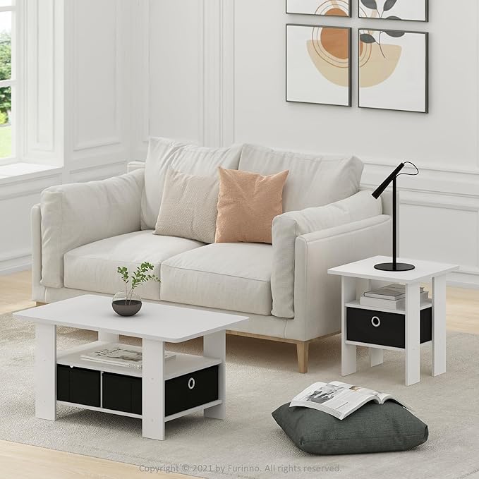 Furinno Andrey Coffee Table, Small Modern Center Table with Storage and Bin Drawer, Side Table for Living Room, Bedroom, Home Office, White