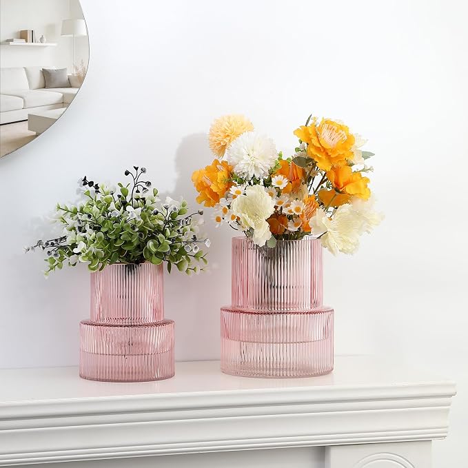 Ribbed Glass Vases for Bouquet, Set of 2 Pink Vases for Flowers, Pink Glass Vase for Tulips, Modern Vase for Living Room, Office, Coffe Table, Dining Table, Shelf, Wedding