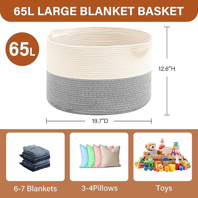 Foldable Laundry Hamper Basket with Collapsible Handle Cotton Rope Soft Woven Fabric Storage Organizer Clothes Toys Nursery Bedroom Dorm Space Saving Bin (White & Light Grey, 65L(19.7"D x 12.6"H))
