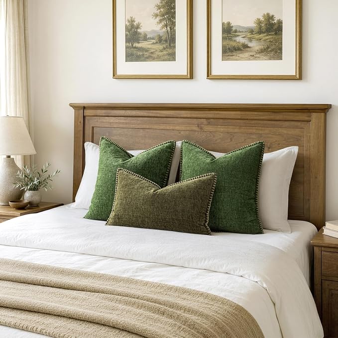 MIULEE Pack of 2 Lumbar Throw Pillow Covers 12x20 Inch Olive Green Farmhouse Decorative Pillow Covers with Stitched Edge Soft Chenille Solid Dyed Pillow Covers for Couch Sofa Bed Living Room
