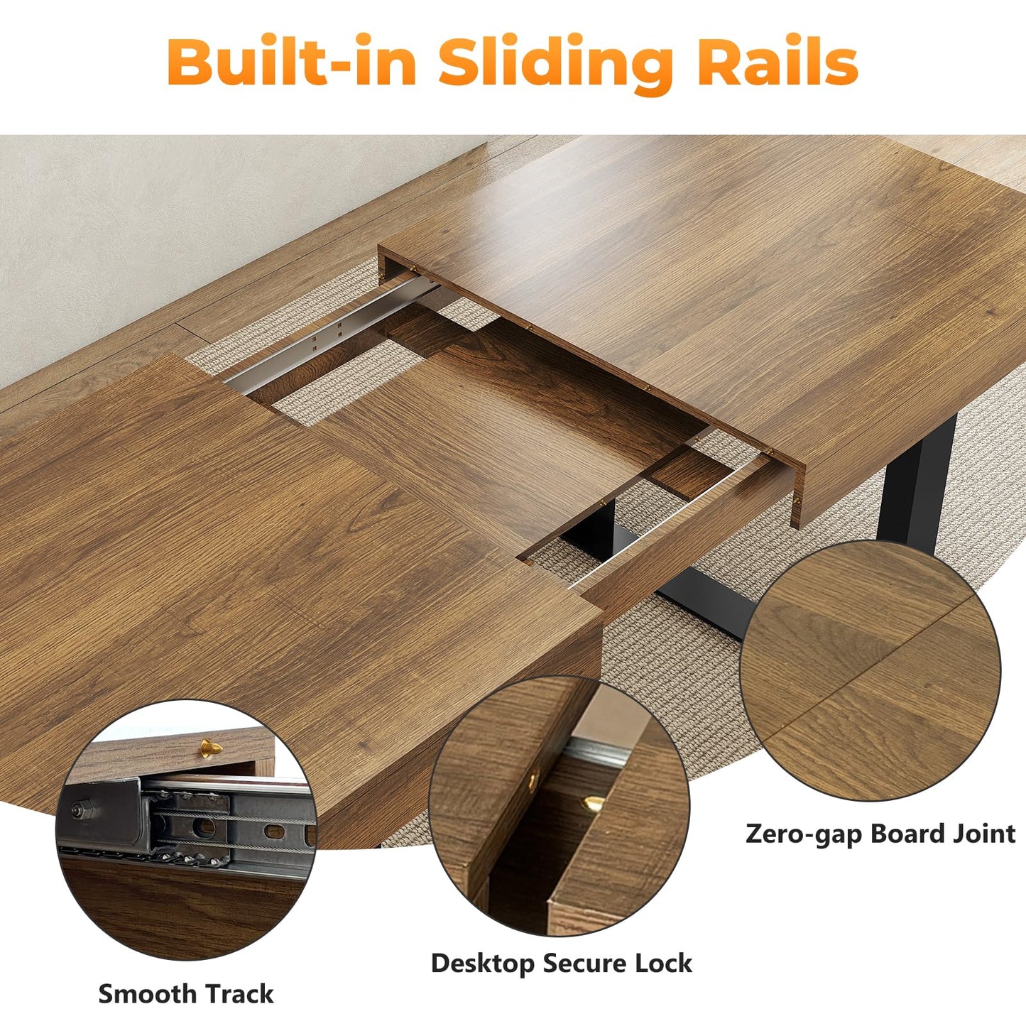 Zevemomo 63"-78.7" Expandable Dining Table, 6-10 Farmhouse Kitchen Table, Extendable Dining Table, Rectangular Kitchen Table with Metal Track, Tapered U-Shaped Legs for Dining Room, Office-Brown