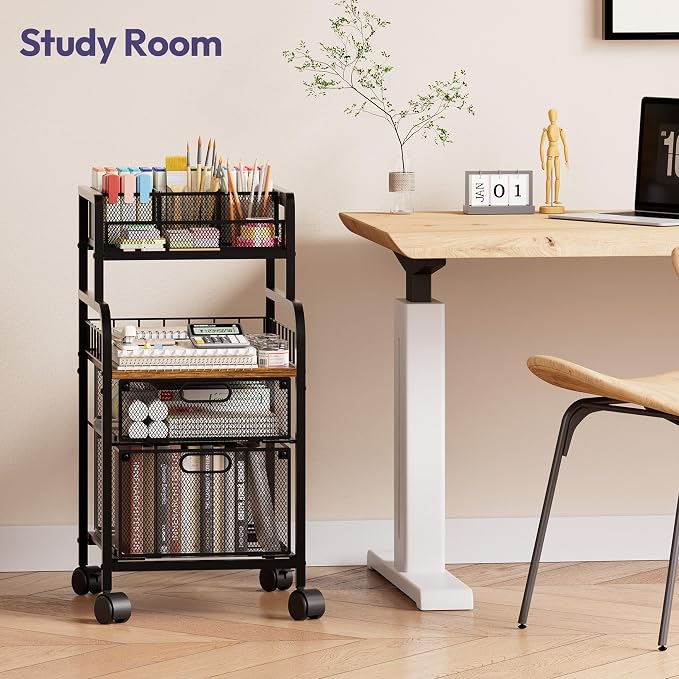 SWTYMIKI Rolling Cart with Drawers - Metal Craft Cart with Wheels, DIY Divider and Wood Shelf, Art Supply Organizer for Under Desk Storage, Utility Storage Cart for Home Office Studio, Espresso