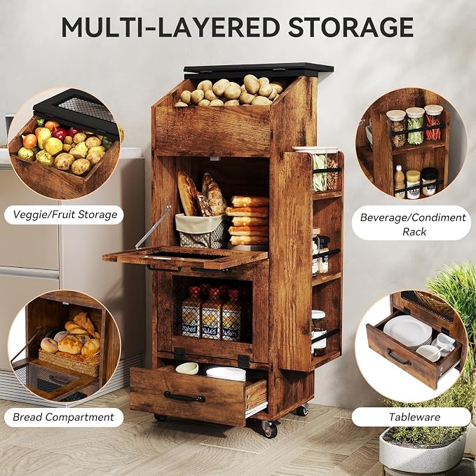 Verano Garden Potato and Onion Storage Bin on Wheels, Wood Bread Box with Lid & Mesh Doors, 4-Tier Rolling Fruit and Vegetable Storage Organizer w/Drawer & Side Rack for Kitchen (Rustic Brown, 16.0")