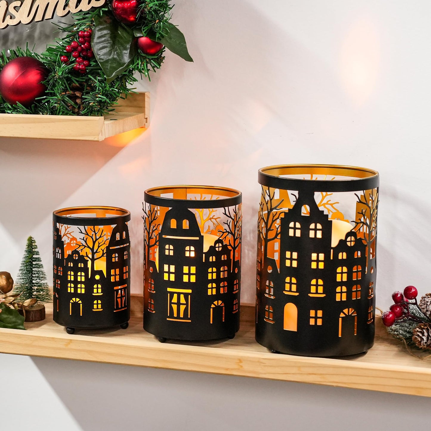 TRIROCKS Village Silhouette Candle Lantern 7.5" H Etched Bronze Metal Candle Holder Decorations for Living Room Tabletop Parties Patio Entryway Indoors Outdoors(3PCS)