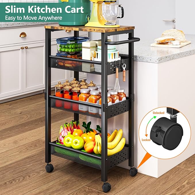 Vivihomety Utility Slim Storage Cart with Wheels, 4-Tier Narrow Rolling Organizer Shelf with Wood Top, Metal Storage Rack and Space-Saving Organizer for Bathroom, Kitchen, Laundry Room, Small Spaces