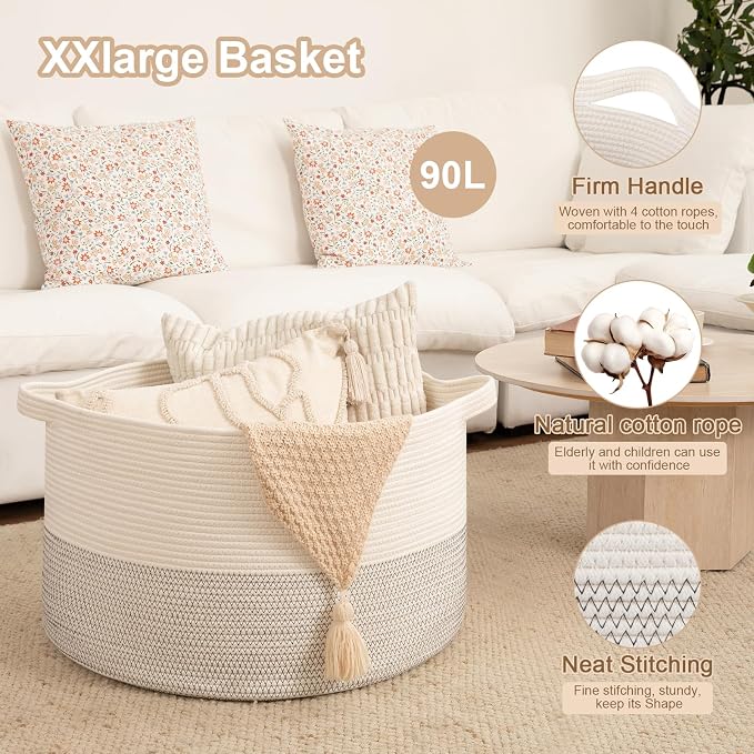 OIAHOMY 90L XXXLarge Blanket Basket for Living Room, 21.7" x 13.8" Woven Cotton Rope Laundry Basket for Organizing Pillows, Decorative Stuffed Animal Toy Storage for Nursery, Black and White