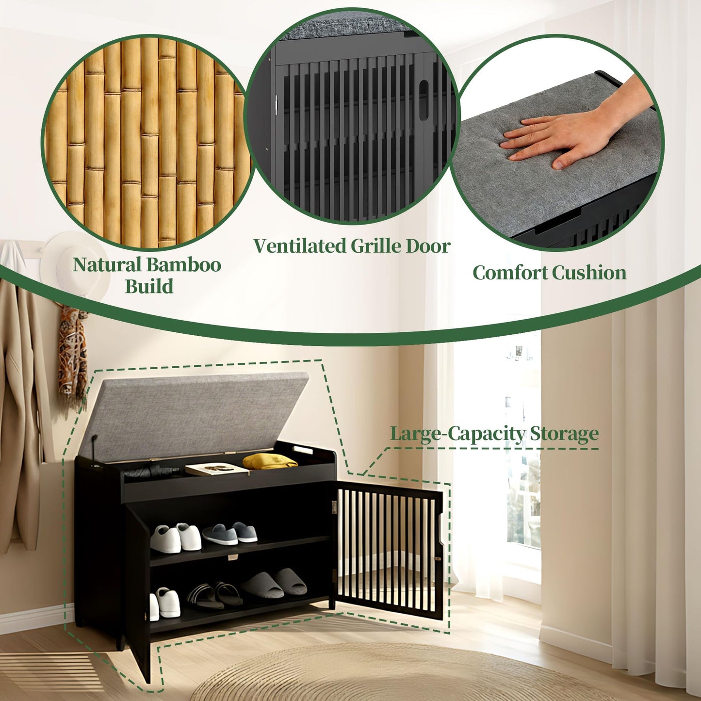 APRTAT Bamboo Shoe Storage Bench with Padded Cushion, 3-Tier Shoe Rack Organizer with 2 Ventilated Grille Doors for Entryway, Bedroom, Bathroom (Black)