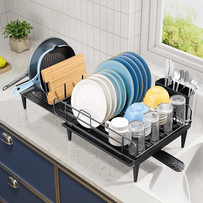 TOOLF Large Dish Drying Rack, Expandable Dish Rack for Kitchen Counter, Multifunctional Dish Drainer, Organization and Storage Essentials with Cup & Cutlery Holders, 16.7"-26.8" L x 12.6" W, Black