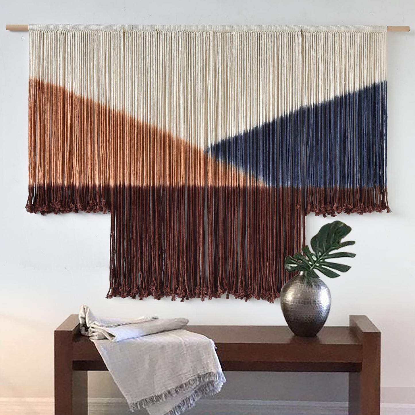 Jakalin Macrame Wall Hanging Geometric Boho Tapestry Dip Dyed With Modern Shapes, 57" W x 39" L Macrame Wall Art for Living Room or Bedroom Decor