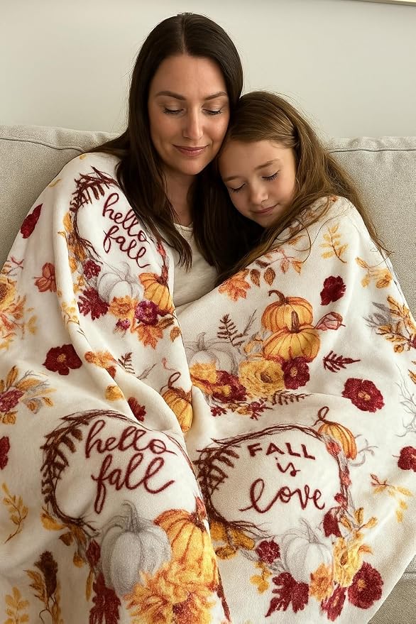 Serafina Home Fall Fleece Throw Blanket: Soft Harvest Hello Fall Pumpkin Floral Design, Autumn Colors on White, 70" x 50"