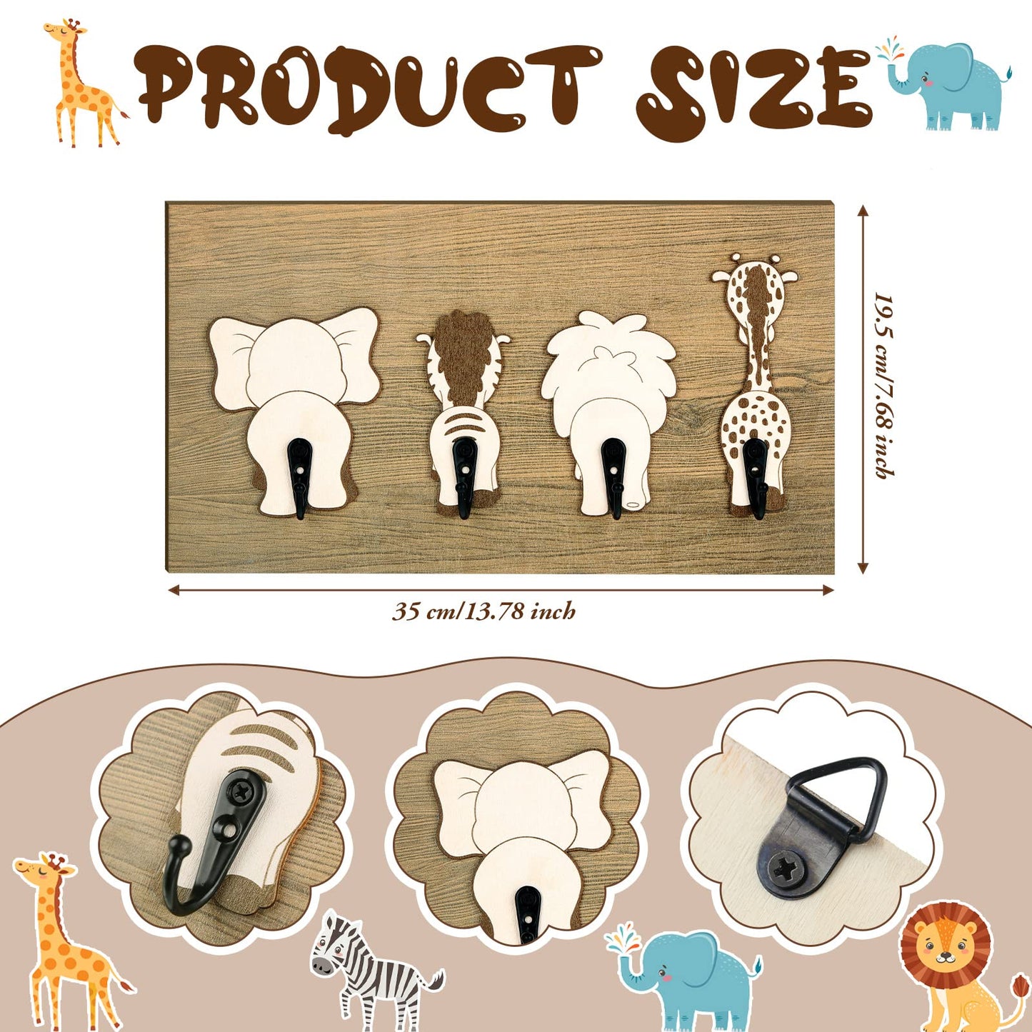 Yookeer Safari Animal Wall Hooks Kids Coat Hooks Wooden Safari Jungle Baby Nursery Wall Decor Decorative Elephant Lion Giraffe Zebra Hanger for Nursery Bathroom Bedroom Home Decor