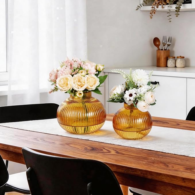 Amber Glass Vases for Tulips, Set of 2, Flower Vases for Bouquet, Ribbed Glass Vase for Flowers, Short Vase for Living Room, Office, Coffee Table, Shelf, Wedding