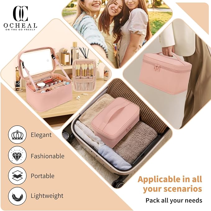 Makeup Bag With LED Mirror, Lightweight Travel Makeup Bag With 3 Color Setting Light Up Mirror Cosmetic Organizer Vanity Case for Women Beauty Tools Accessories Rechargeable Makeup Train Case-Pink