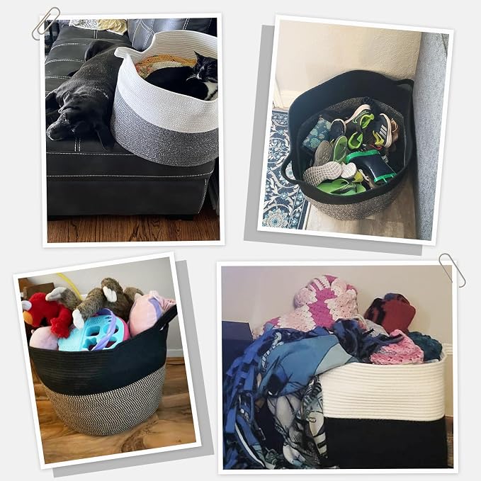 INDRESSME XXXLarge Blanket Basket 21.7" x 21.7" x 13.8" Woven Storage Baskets Soft Cotton Rope Toy Baskets Storage Kids Decorative Laundry for Home, Perfect for Living Room, Black