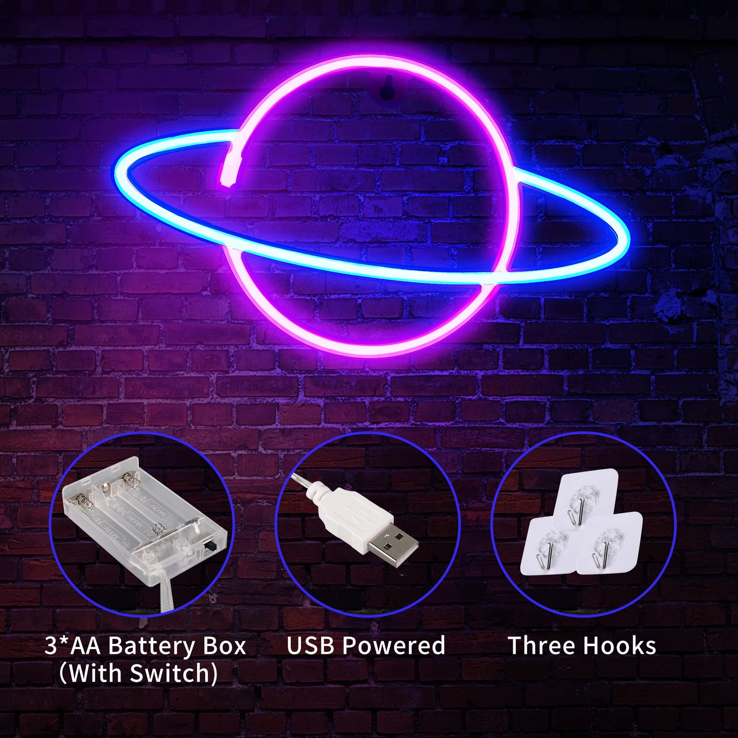 Neon Signs for Wall Decor, 3PCS LED Neon Lights for Bedroom, USB or Battery Powered Light Up Space Themed Alien Planet Rocket for Kids, Teen Boys, Gaming Room, Bar, Birthday, Cool Decoration Aesthetic