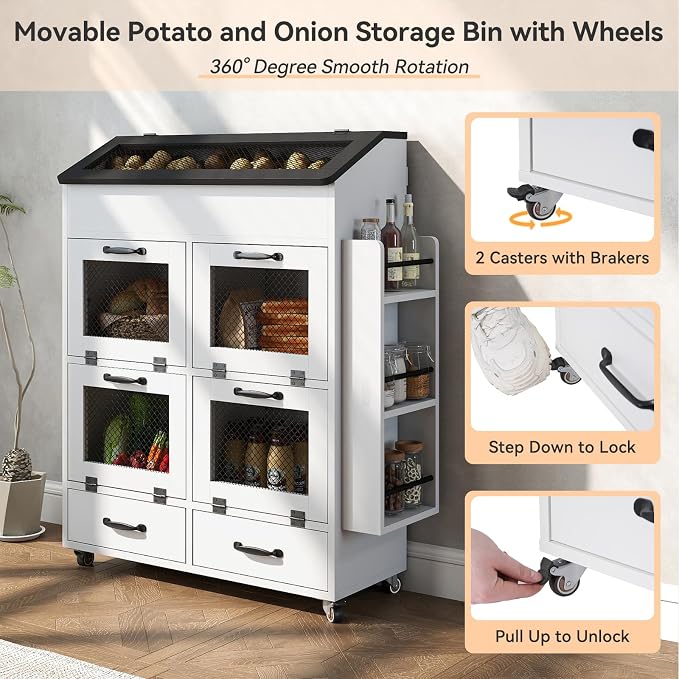 Verano Garden Large Potato and Onion Storage Bin on Wheels, Wood Bread Box w/Lid & Mesh Doors, 4-Tier Rolling Fruit and Vegetable Storage Organizer w/Grocery Section & Side Rack (White, 31.5")