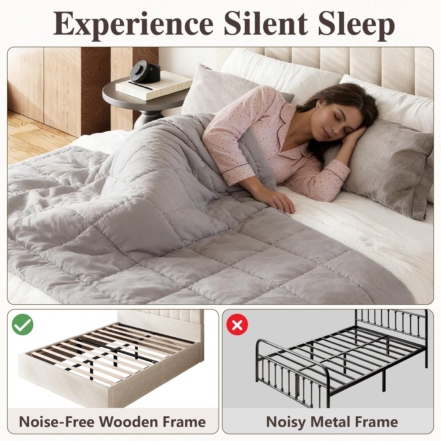 Sismplly Queen Size Cloud Bed Frame with 47" Tall Headboard, Velvet Upholstered Platform Bed with Thickened Sides & Footboard, Modern Floor-Standing Design, No Box Spring Needed, Easy Assembly, Beige