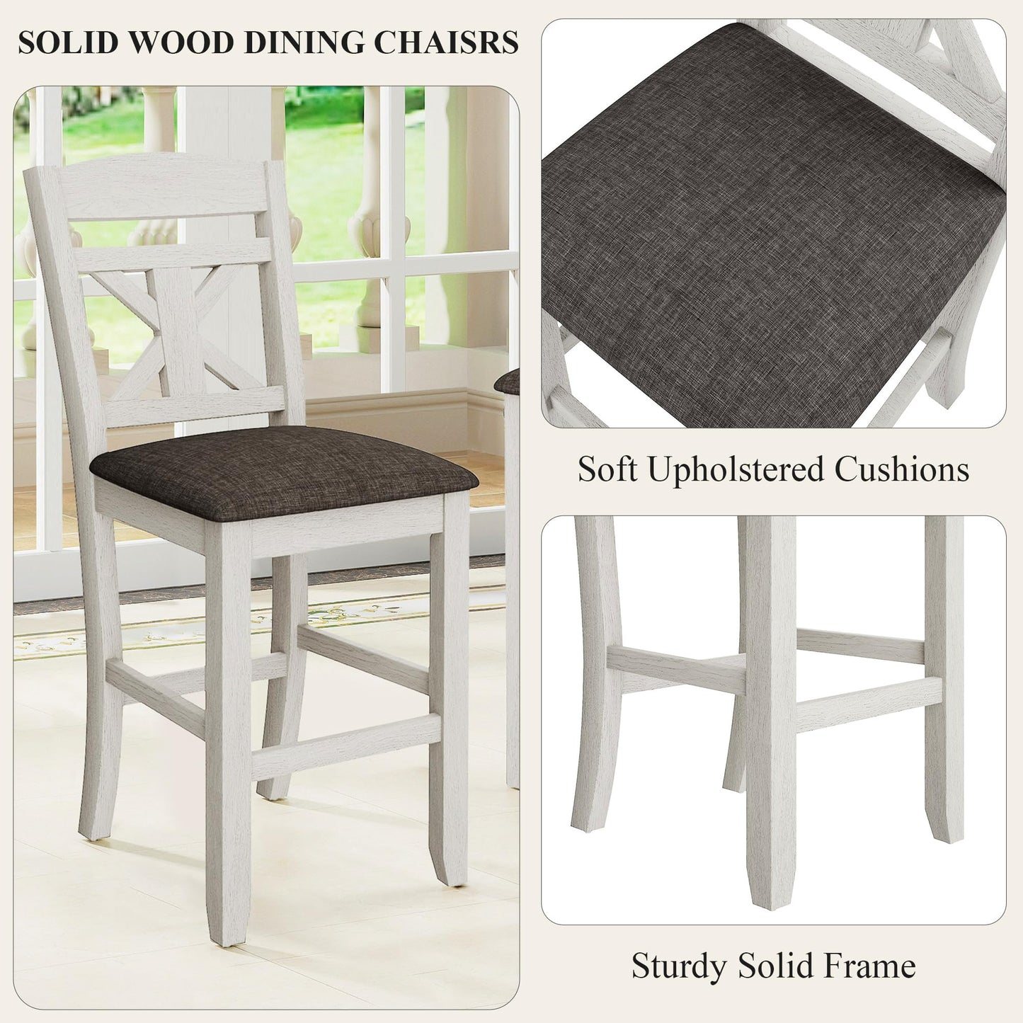 VECELO 7-Piece Solid Wood Foldable Dining Table Set for 6, Farmhouse Round Dining Table with 6 Upholstered Dining Chairs for Dining Room, Kitchen, Washed Gray