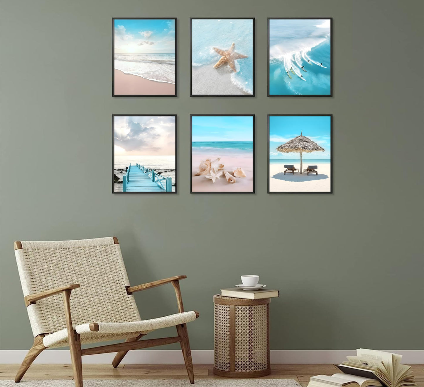 6Pcs Blue Coastal Wall Art,Beach Poster Prints,Summer Ocean Surf Pictures,Seaside Nature Scenery Wall Decor for Living Room Bedroom 8x10-inch UNFRAMED