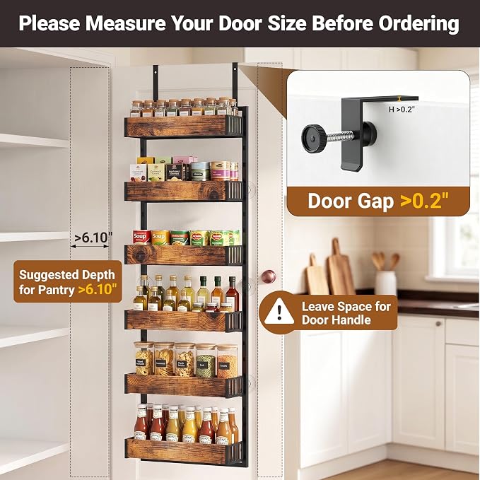6-Tier Over the Door Pantry Organizer, 2-in-1 Door Hanging or Wall Mounted Spice Rack, Space Saving Metal Storage Shelves with Adjustable Baskets for Kitchen, Closet, Bathroom