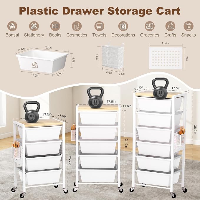 Rolling Cart with Drawers, Rolling Storage Cart with 6 Large Plastic Drawers & Wooden Tabletop, Utility Cart with Pegboards & Basket, Storage Drawers Cart for Living Room, Classroom, Bedroom, Office