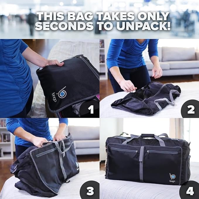Bago Large Foldable Duffel Bags for Traveling Women & Men - 120L Packable Duffle Bag for Travel with Shoe Compartment - Water Repellant, Heavy Duty, Lightweight Folding & Collapsible (SnowBlue)