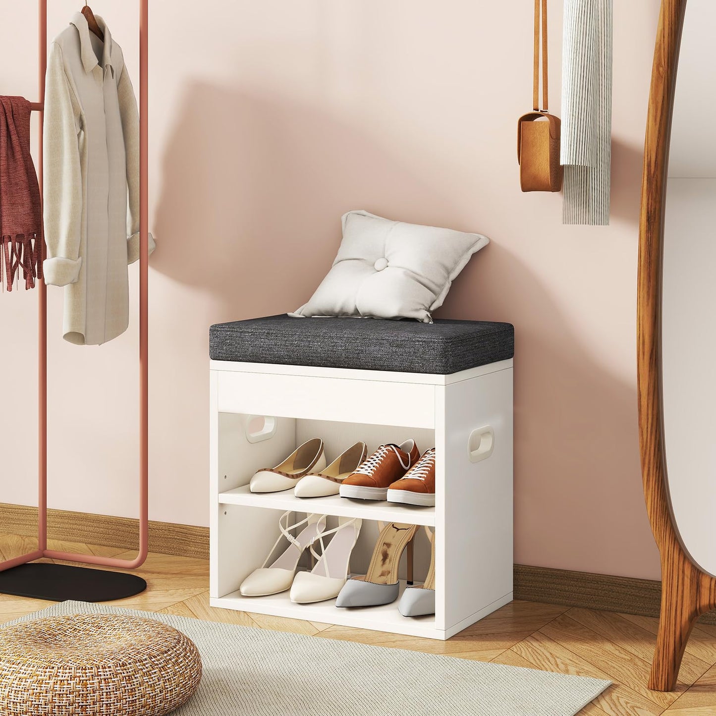 YMYNY Small Shoe Storage Bench with Cushion and Drawer, 2 Tier Adjustable Entryway Bench with Storage, Wooden Shoe Rack Bench for Entryway, Living Room, Hallway, Closet, Bedroom, White, HSC002W