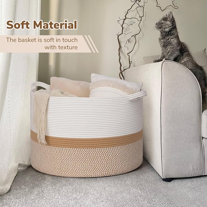 INDRESSME 115L Extra Large Cotton Rope Basket, Woven Baby laundry Blanket Basket for Home Decor Living Room Nursery, Toy Storage Baskets for Kids Boys Girls, White & Camel Mix