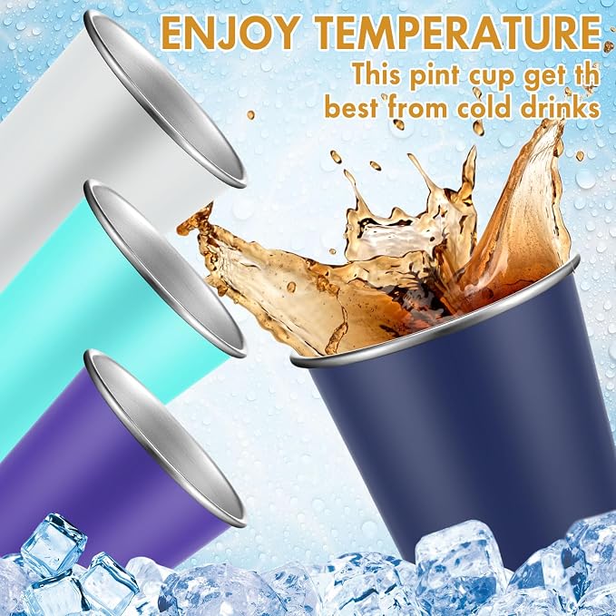 Mimorou 20 Pack 16 oz Stainless Steel Pint Cups Metal Cups Unbreakable Drinking Water Tumblers Stackable Tumbler for Adults Bar Home Restaurant Travel Picnic Camping Outdoor (Colorful)