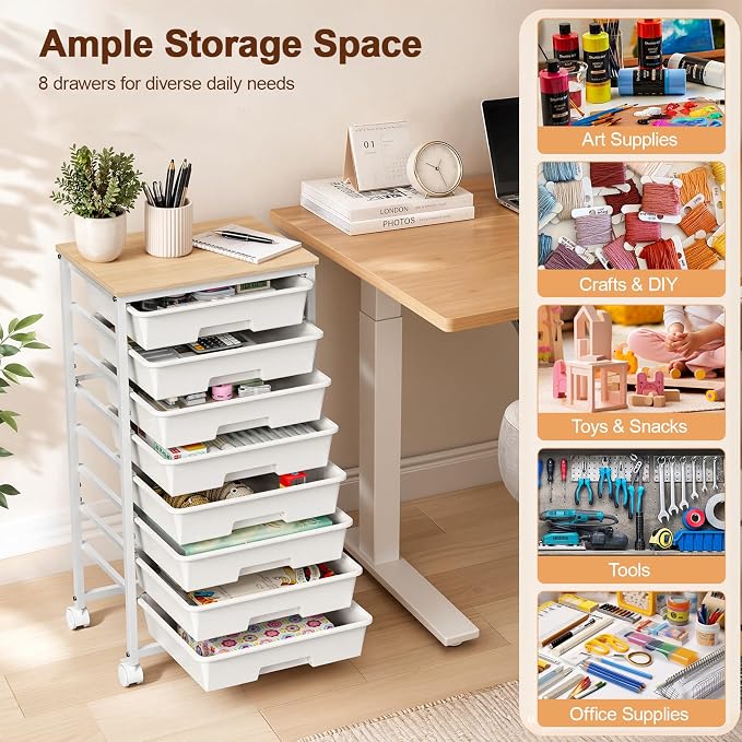 LEHOM Rolling Storage Cart with 8 Drawers, Utility Cart on Wheels with Metal Frame and Wooden Tabletop for Living Room Bedroom Dorm, Office Storage & Art Supply Craft Organizer for Classroom