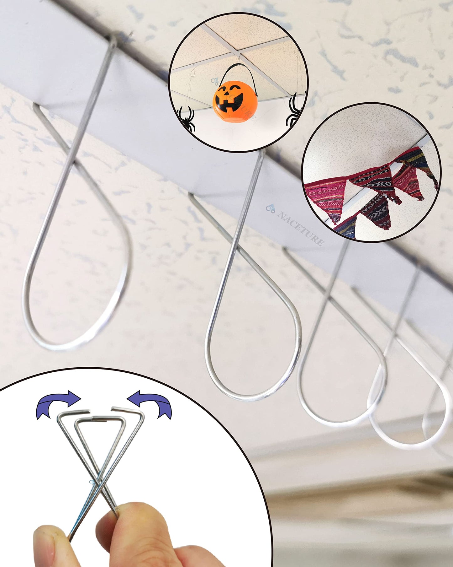 NACETURE Ceiling Hook Clips- 50 Pack Drop Ceiling Hanger Hooks Hanging on Suspended Ceiling Tile, Grid Clips Heavy Duty for Light Plant Office Home Stores Classroom and Wedding Decorations
