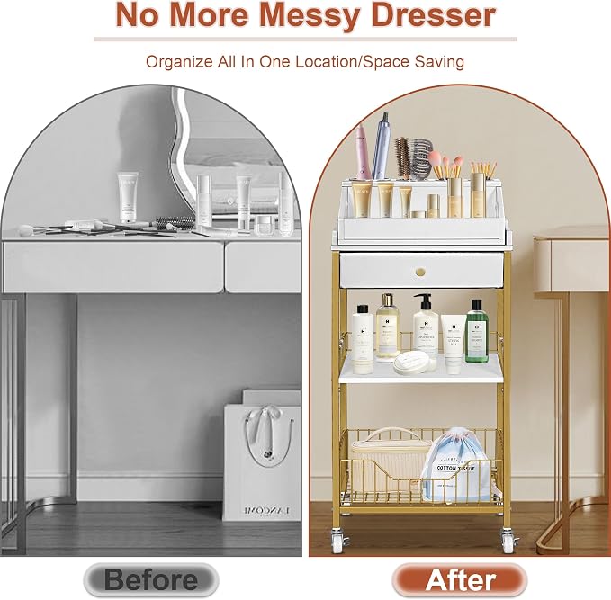 Makeup Organizer Cart with Drawer, 2-in-1 Rolling Organizer Cart with Hair Tool Holder, Vanity Storage for Skincare, Perfume, Nail Polish, Cosmetics, Gold Finish