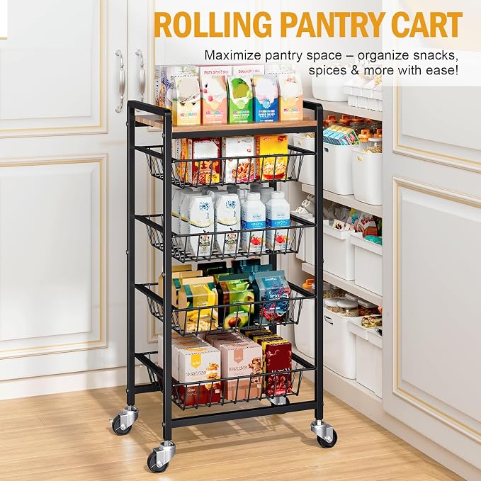 TOOLF 5-Tier Kitchen Storage Cart with Tabletop, Rolling Snack Cart with Lockable Wheels, Fruit Vegetable Basket with 4 Pack Mats, Metal Storage Rack with Pull-Out Pantry Trolley for Organizer