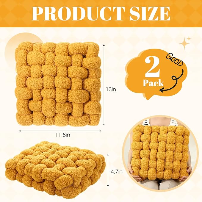 Wenqik 2 Pcs Knot Pillows Square Knotted Plush Throws Soft Accent Pillows Decoration Cushion for Couch Home Office Living Room Bedroom Bed Sofa Decor, 12'' x 13''(Ginger Yellow,Lambswool)