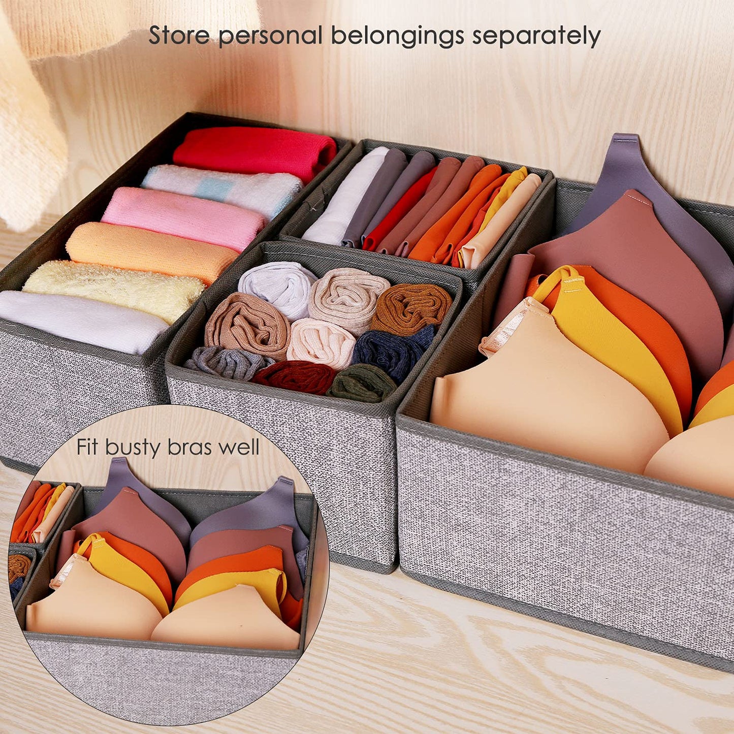 Criusia Foldable Underwear Drawer Organizer, Closet Dividers, Storage Box for Clothes, Socks (6 Bins, Gray)