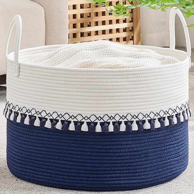 KAKAMAY Cotton Rope Storage Basket (20"x13"),Woven Hamper for Blankets,Toys,Pillows,Clothes,Laundry,Sturdy Handles Decorative Basket for Living Room, Bedroom,Nursery(Blue/Blue Fringe)