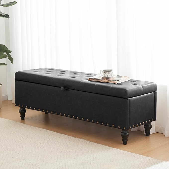 Mangodan 50" Storage Ottoman Bench, Tufted Ottoman with Storage for Living Room, Large End of Bed Ottomans, Modern Entryway Benchs, Window & Bedroom Benches for Foot of Bed (Black)