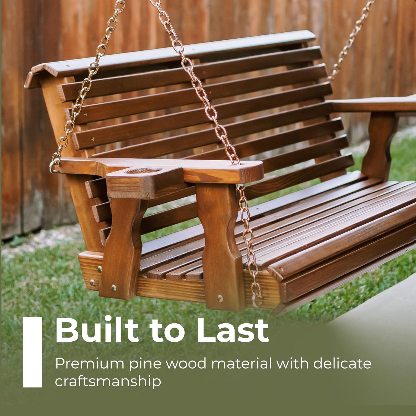 Amish Casual Heavy Duty 700 Lb Capacity Porch Swing with Cup Holders (4 Foot, Oak Stain) – Wooden Outdoor Roll Back Swing with Hanging Chains – Amish Made in the USA
