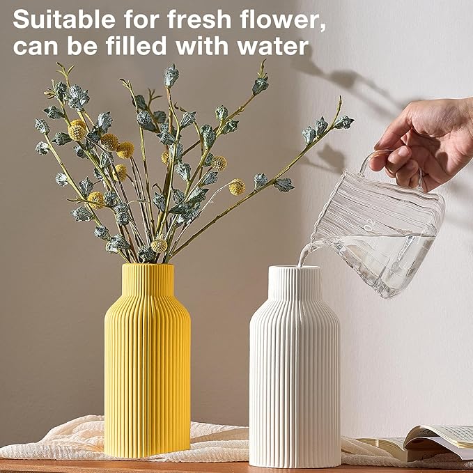 Mfacoy Ceramic Flower Vase, Minimalist Decor, Modern Home Decorative Vase, Small Pampas Grass Vases for Kitchen Bedroom Office Living Room Bathroom Shelf Centerpiece Table Decorations (Yellow)