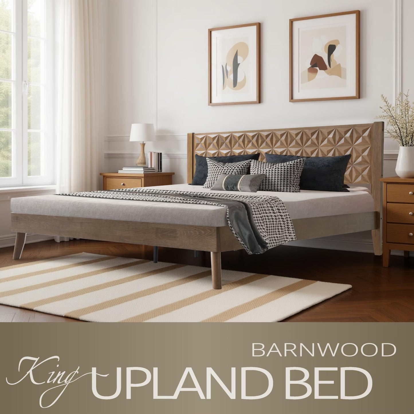King Size Platform Bed Frame with Headboard & Footboard, 12 Stable Slats with Center Metal Legs, Easy Assembly, Noise-Free & Slip-Free Design, No Box Spring Needed, Barnwood Finish UPK-30